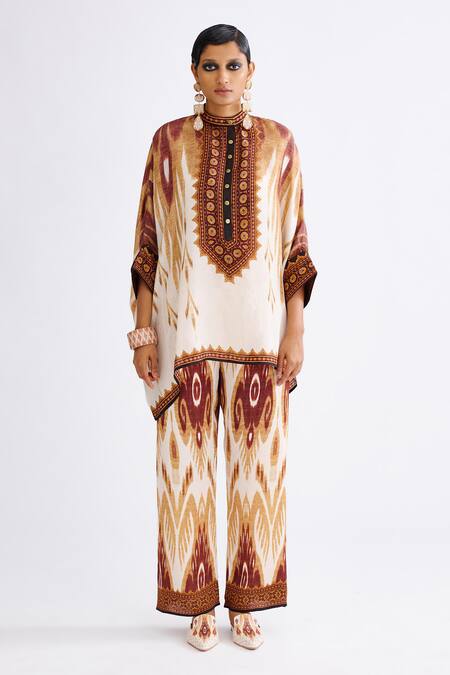 Buy Rajdeep Ranawat Brown Silk Round Neck Ombre Abstract Print Tunic With Pant Online at Aza Fashions Buy_Rajdeep Ranawat_Brown Silk Round Neck Ombre Abstract Print Tunic With Pant_Online_at_Aza_Fashions