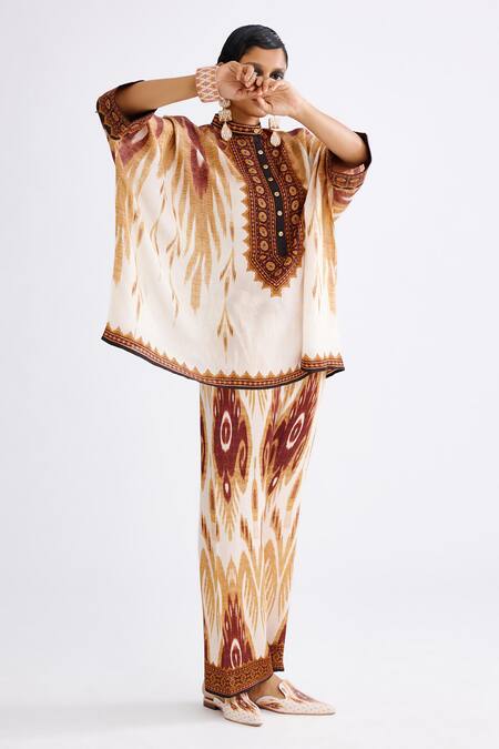 Rajdeep Ranawat Brown Silk Round Neck Ombre Abstract Print Tunic With Pant at Aza Fashions Rajdeep Ranawat_Brown Silk Round Neck Ombre Abstract Print Tunic With Pant_at_Aza_Fashions