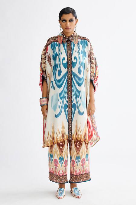 Buy_Rajdeep Ranawat_Multi Color Silk Embroidery Collared Kamara Abstract Print Shirt Tunic With Pant_Online_at_Aza_Fashions
