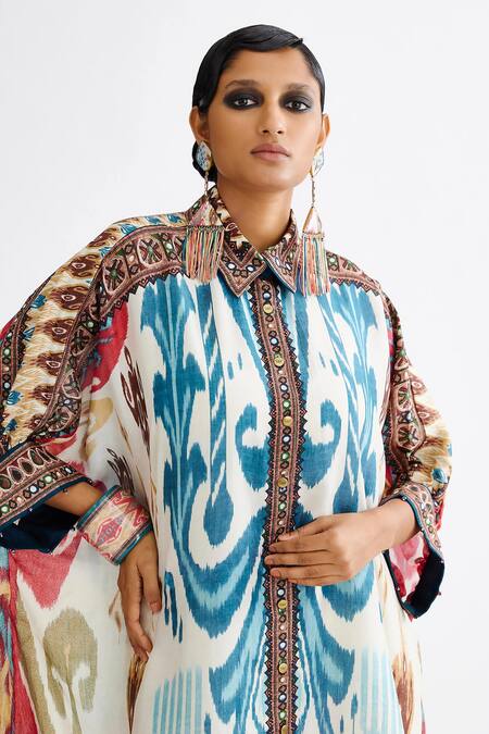 Shop_Rajdeep Ranawat_Multi Color Silk Embroidery Collared Kamara Abstract Print Shirt Tunic With Pant_Online_at_Aza_Fashions