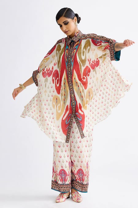 Buy_Rajdeep Ranawat_Multi Color Silk Collared Kamara Abstract Print Shirt Tunic With Pant_Online_at_Aza_Fashions