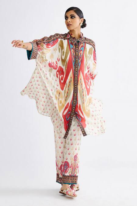 Shop_Rajdeep Ranawat_Multi Color Silk Collared Kamara Abstract Print Shirt Tunic With Pant_Online_at_Aza_Fashions