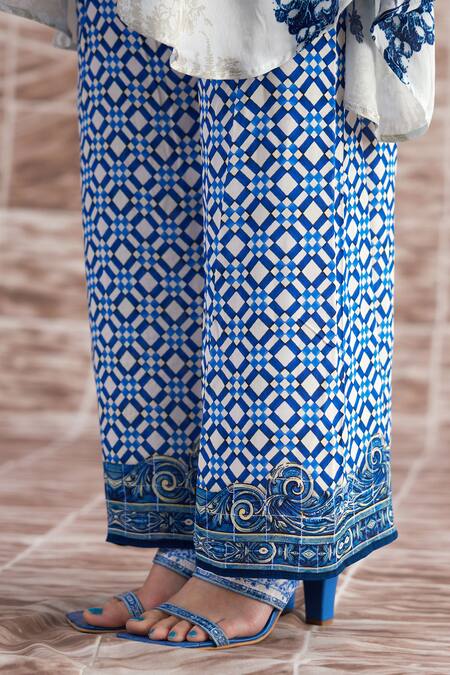 Buy_Rajdeep Ranawat_Blue Silk Embroidery Collared Kamara Floral Print Shirt Tunic With Pant_Online_at_Aza_Fashions