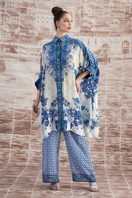 Shop_Rajdeep Ranawat_Blue Silk Embroidery Collared Kamara Floral Print Shirt Tunic With Pant_Online_at_Aza_Fashions