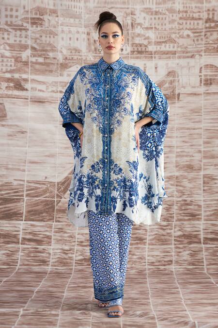 Rajdeep Ranawat_Blue Silk Embroidery Collared Kamara Floral Print Shirt Tunic With Pant_at_Aza_Fashions