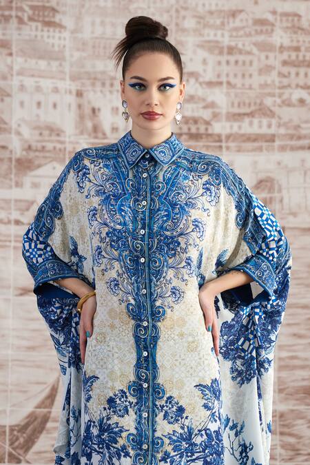 Buy_Rajdeep Ranawat_Blue Silk Embroidery Collared Kamara Floral Print Shirt Tunic With Pant