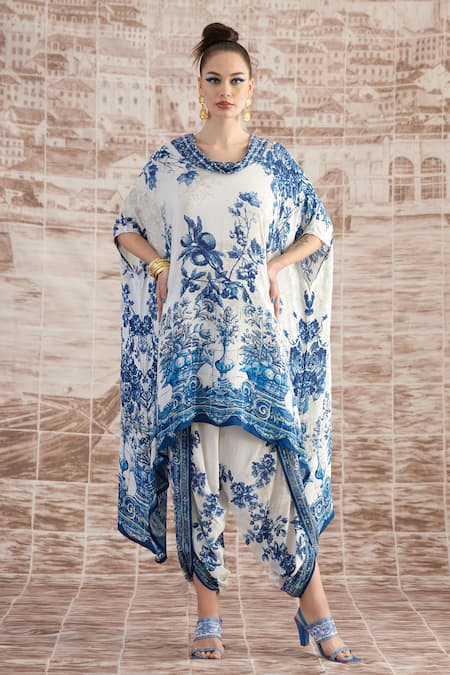 Rajdeep Ranawat Blue Silk Printed Floral Cowl Neck Lavanya Draped Tunic And Dhoti Pant Set 