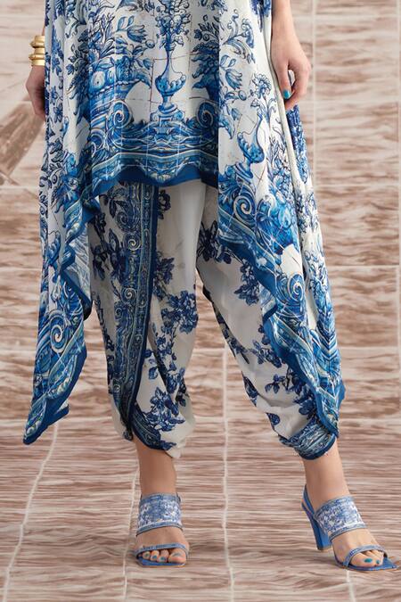 Shop_Rajdeep Ranawat_Blue Silk Embroidery Cowl Neck Lavanya Printed Draped Tunic And Dhoti Pant Set_Online_at_Aza_Fashions