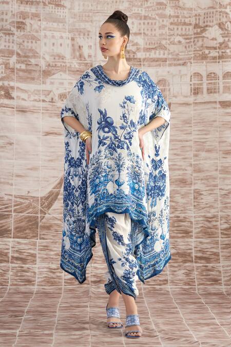 Rajdeep Ranawat_Blue Silk Embroidery Cowl Neck Lavanya Printed Draped Tunic And Dhoti Pant Set_at_Aza_Fashions