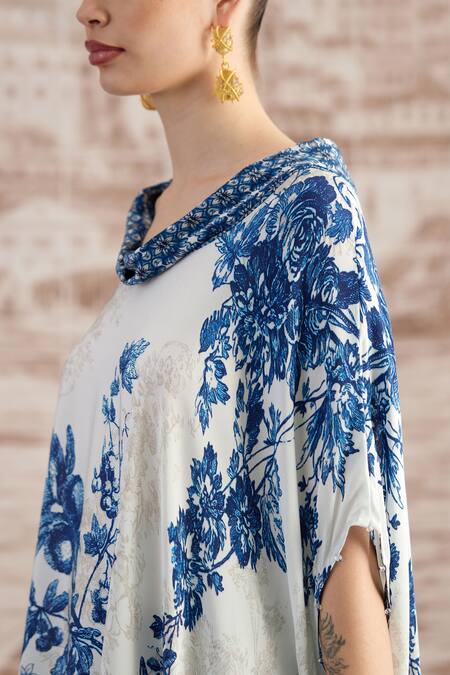 Buy_Rajdeep Ranawat_Blue Silk Embroidery Cowl Neck Lavanya Printed Draped Tunic And Dhoti Pant Set