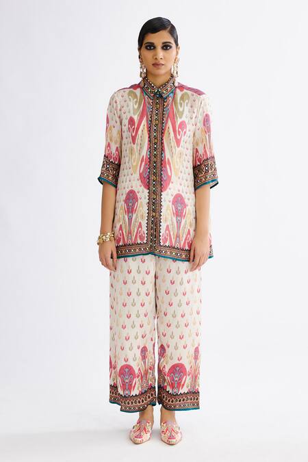 Buy_Rajdeep Ranawat_Multi Color Silk Embroidery Split V-neck Maizah Floral Print Shirt And Pant Set_Online_at_Aza_Fashions