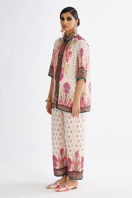 Shop_Rajdeep Ranawat_Multi Color Silk Embroidery Split V-neck Maizah Floral Print Shirt And Pant Set_Online_at_Aza_Fashions