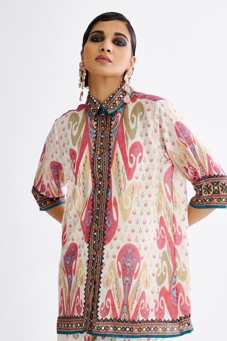 Rajdeep Ranawat_Multi Color Silk Embroidery Split V-neck Maizah Floral Print Shirt And Pant Set_at_Aza_Fashions
