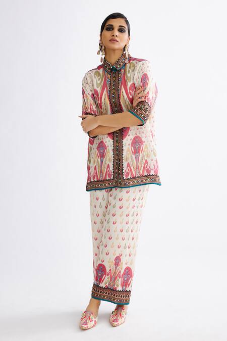 Buy_Rajdeep Ranawat_Multi Color Silk Embroidery Split V-neck Maizah Floral Print Shirt And Pant Set