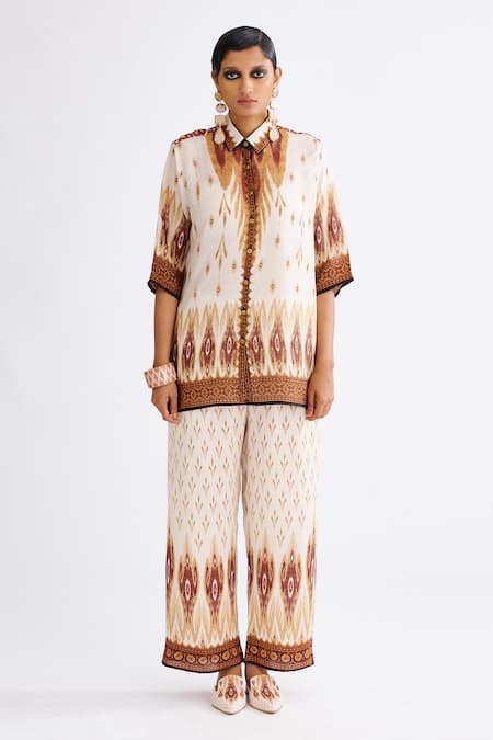 Rajdeep Ranawat Multi Color Silk Embroidery Collared Maizah Paisley Print Shirt And Pant Set Online at Aza Fashions Rajdeep Ranawat_Multi Color Silk Embroidery Collared Maizah Paisley Print Shirt And Pant Set _Online_at_Aza_Fashions