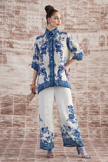 Shop_Rajdeep Ranawat_Blue Silk Split V-neck Maizah Botanical Print Shirt And Pant Set_Online_at_Aza_Fashions