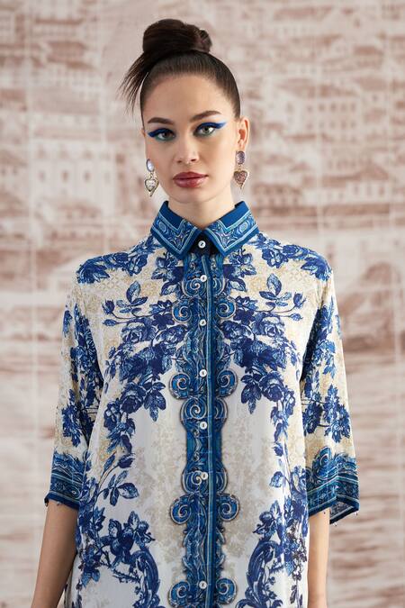 Rajdeep Ranawat_Blue Silk Split V-neck Maizah Botanical Print Shirt And Pant Set_at_Aza_Fashions