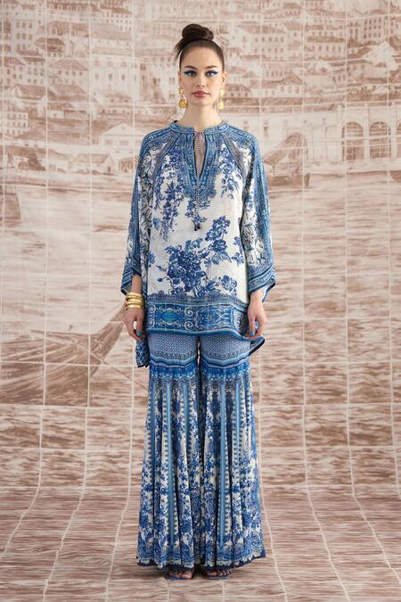 Rajdeep Ranawat_Blue Silk Mandarin Collar Ramona Digital Printed Poncho And Sharara Set_Online_at_Aza_Fashions