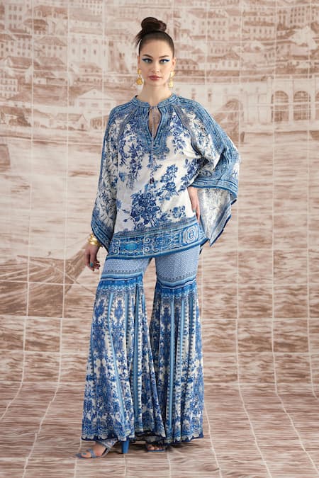 Buy_Rajdeep Ranawat_Blue Silk Mandarin Collar Ramona Digital Printed Poncho And Sharara Set_Online_at_Aza_Fashions
