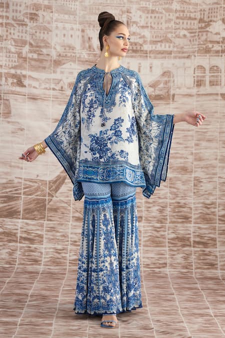 Shop_Rajdeep Ranawat_Blue Silk Mandarin Collar Ramona Digital Printed Poncho And Sharara Set_Online_at_Aza_Fashions