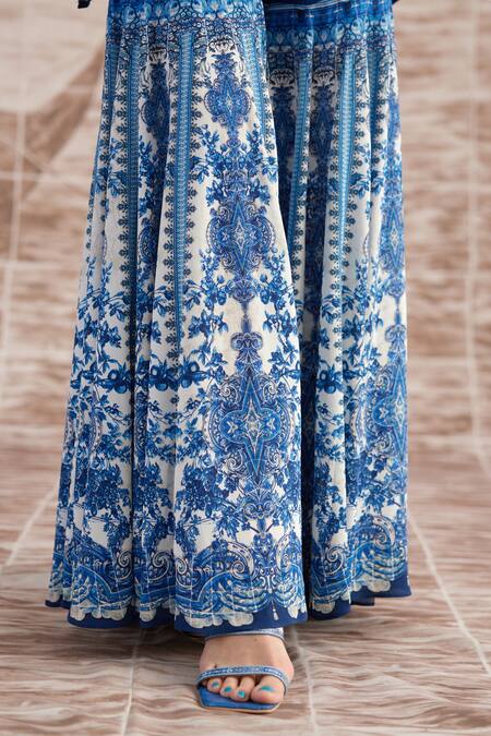 Rajdeep Ranawat_Blue Silk Mandarin Collar Ramona Digital Printed Poncho And Sharara Set_at_Aza_Fashions