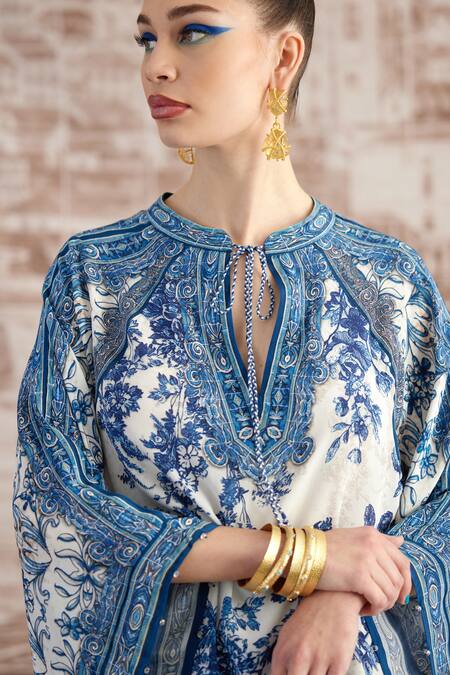 Buy_Rajdeep Ranawat_Blue Silk Mandarin Collar Ramona Digital Printed Poncho And Sharara Set