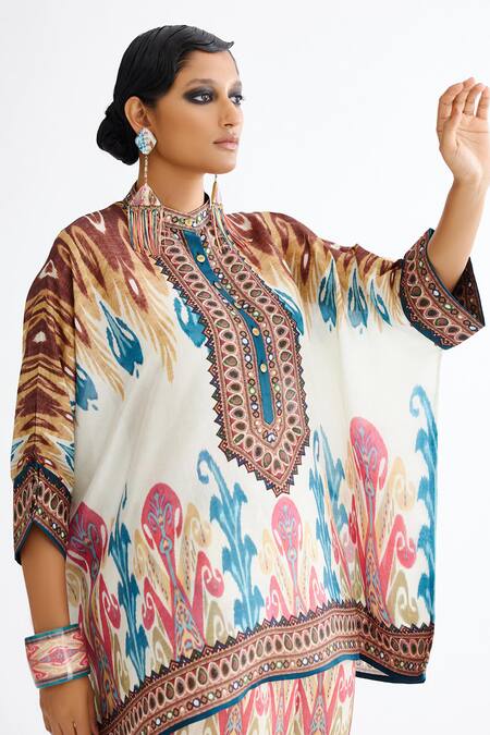 Buy Rajdeep Ranawat Multi Color Silk Bandeau Neck Chanel Printed Tunic And Flared Pant Set Buy_Rajdeep Ranawat_Multi Color Silk Bandeau Neck Chanel Printed Tunic And Flared Pant Set