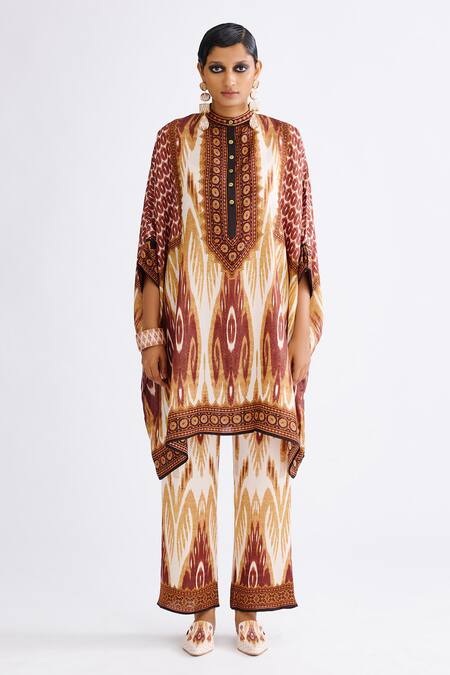 Rajdeep Ranawat Brown Silk Collared Chanel Geometric Abstract Print Tunic With Pant Online at Aza Fashions Rajdeep Ranawat_Brown Silk Collared Chanel Geometric Abstract Print Tunic With Pant_Online_at_Aza_Fashions