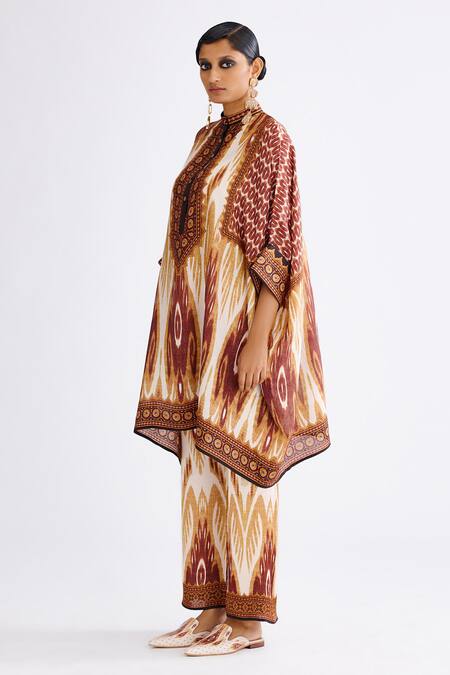 Buy Rajdeep Ranawat Brown Silk Collared Chanel Geometric Abstract Print Tunic With Pant Online at Aza Fashions Buy_Rajdeep Ranawat_Brown Silk Collared Chanel Geometric Abstract Print Tunic With Pant_Online_at_Aza_Fashions