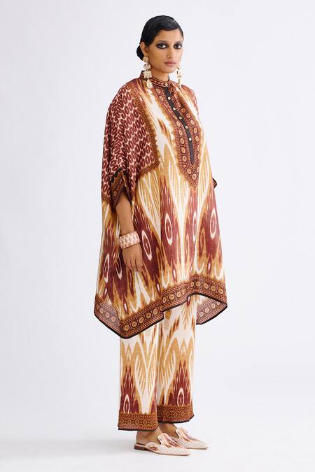 Shop Rajdeep Ranawat Brown Silk Collared Chanel Geometric Abstract Print Tunic With Pant Online at Aza Fashions Shop_Rajdeep Ranawat_Brown Silk Collared Chanel Geometric Abstract Print Tunic With Pant_Online_at_Aza_Fashions