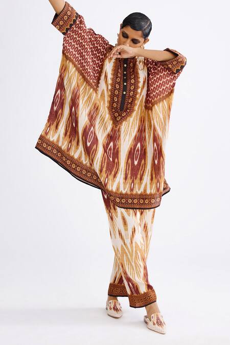 Rajdeep Ranawat Brown Silk Collared Chanel Geometric Abstract Print Tunic With Pant at Aza Fashions Rajdeep Ranawat_Brown Silk Collared Chanel Geometric Abstract Print Tunic With Pant_at_Aza_Fashions