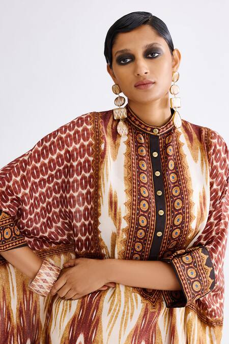 Buy Rajdeep Ranawat Brown Silk Collared Chanel Geometric Abstract Print Tunic With Pant Buy_Rajdeep Ranawat_Brown Silk Collared Chanel Geometric Abstract Print Tunic With Pant