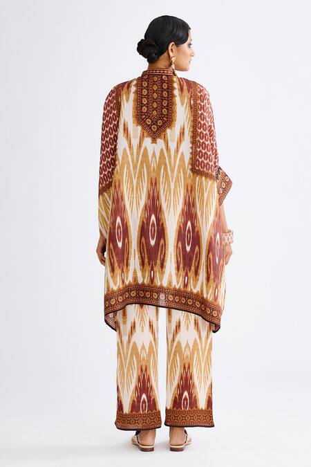Shop Rajdeep Ranawat Brown Silk Collared Chanel Geometric Abstract Print Tunic With Pant at Aza Fashions Shop_Rajdeep Ranawat_Brown Silk Collared Chanel Geometric Abstract Print Tunic With Pant_at_Aza_Fashions