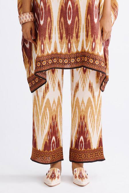 Shop Rajdeep Ranawat Brown Silk Collared Chanel Geometric Abstract Print Tunic With Pant Shop_Rajdeep Ranawat_Brown Silk Collared Chanel Geometric Abstract Print Tunic With Pant
