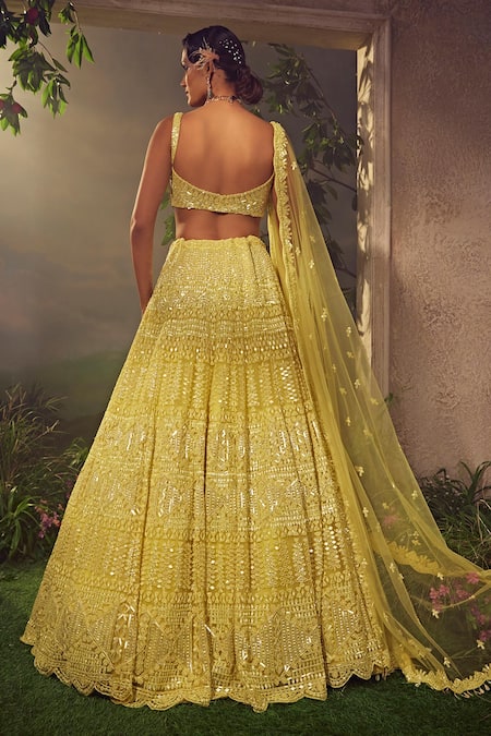 Shop_Aneesh Agarwaal_Yellow Georgette Sequins, Beads Plunge Neck Embroidered Bridal Lehenga Set _at_Aza_Fashions