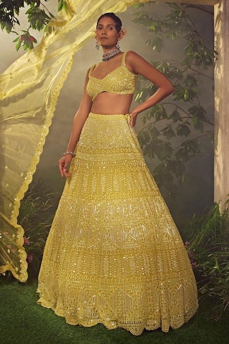 Aneesh Agarwaal_Yellow Georgette Sequins, Beads Plunge Neck Embroidered Bridal Lehenga Set _Online_at_Aza_Fashions