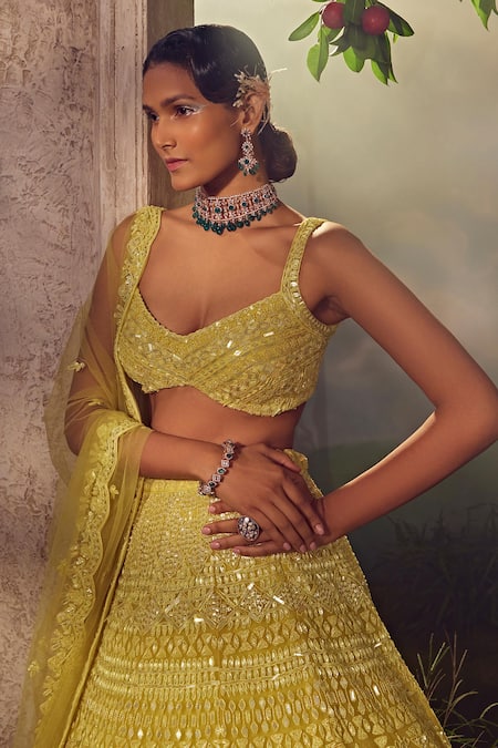 Buy_Aneesh Agarwaal_Yellow Georgette Sequins, Beads Plunge Neck Embroidered Bridal Lehenga Set _Online_at_Aza_Fashions