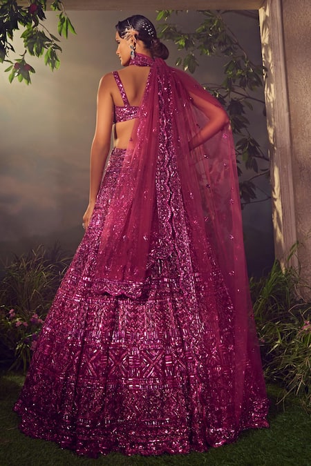 Shop_Aneesh Agarwaal_Magenta Net Sequins, Beads Sweetheart Neck Hand Embroidered Bridal Lehenga Set _at_Aza_Fashions