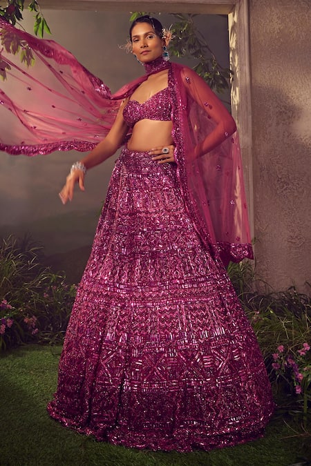 Aneesh Agarwaal_Magenta Net Sequins, Beads Sweetheart Neck Hand Embroidered Bridal Lehenga Set _Online_at_Aza_Fashions