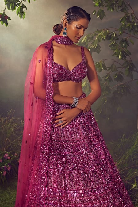 Buy_Aneesh Agarwaal_Magenta Net Sequins, Beads Sweetheart Neck Hand Embroidered Bridal Lehenga Set _Online_at_Aza_Fashions