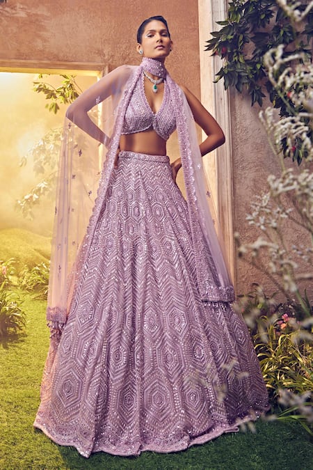 Aneesh Agarwaal Purple Net Hand Embroidered Sequins Geometric Pastel Bridal Lehenga Set