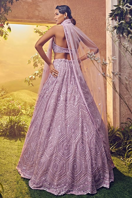 Shop_Aneesh Agarwaal_Purple Net Sequins, Beads Geometric Hand Embroidered Pastel Bridal Lehenga Set _at_Aza_Fashions