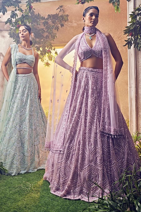 Aneesh Agarwaal_Purple Net Sequins, Beads Geometric Hand Embroidered Pastel Bridal Lehenga Set _Online_at_Aza_Fashions