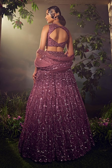 Shop_Aneesh Agarwaal_Purple Net Sequins, Beads Square Geometric Hand Embroidered Bridal Lehenga Set _at_Aza_Fashions