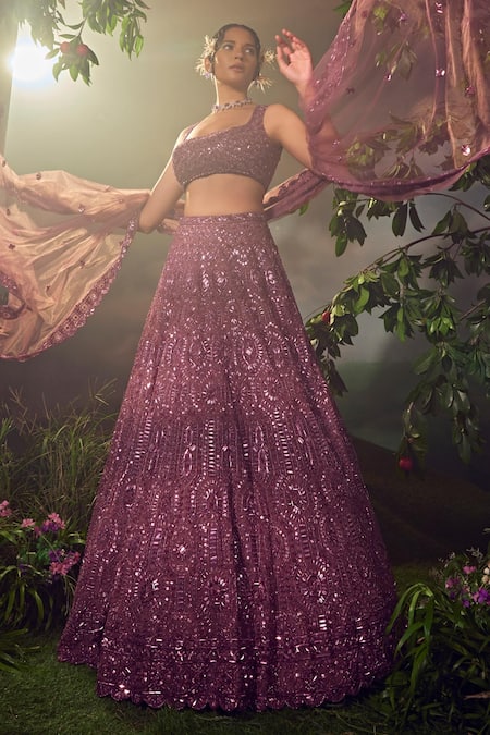 Aneesh Agarwaal_Purple Net Sequins, Beads Square Geometric Hand Embroidered Bridal Lehenga Set _Online_at_Aza_Fashions