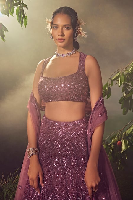 Buy_Aneesh Agarwaal_Purple Net Sequins, Beads Square Geometric Hand Embroidered Bridal Lehenga Set _Online_at_Aza_Fashions