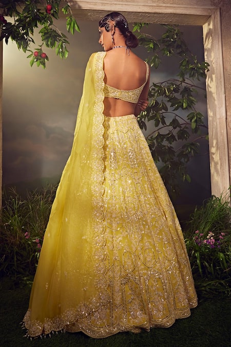 Shop_Aneesh Agarwaal_Yellow Net Sequins, Beads Sweetheart Neck Floral Hand Embroidered Lehenga Set _at_Aza_Fashions