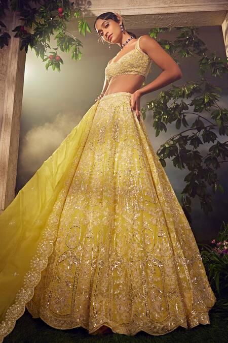 Aneesh Agarwaal_Yellow Net Sequins, Beads Sweetheart Neck Floral Hand Embroidered Lehenga Set _Online_at_Aza_Fashions