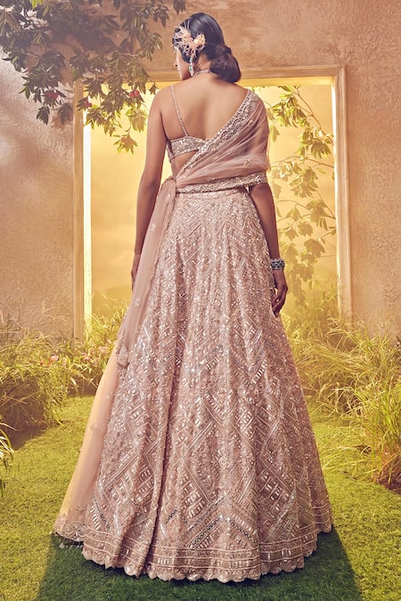 Shop_Aneesh Agarwaal_Pink Georgette Sequins, Beads Plunge Pastel Hand Embroidered Bridal Lehenga Set _at_Aza_Fashions