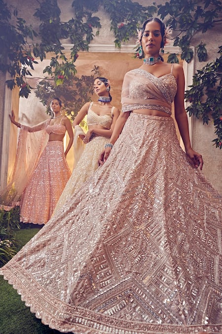 Aneesh Agarwaal_Pink Georgette Sequins, Beads Plunge Pastel Hand Embroidered Bridal Lehenga Set _Online_at_Aza_Fashions